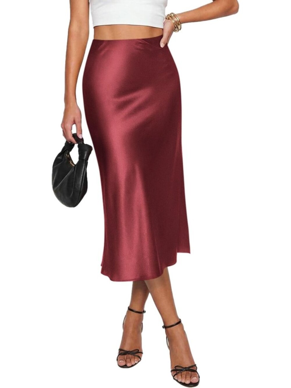 Women Burgundy Polyester Elastane Casual High Waisted A Line Silk Midi Skirt